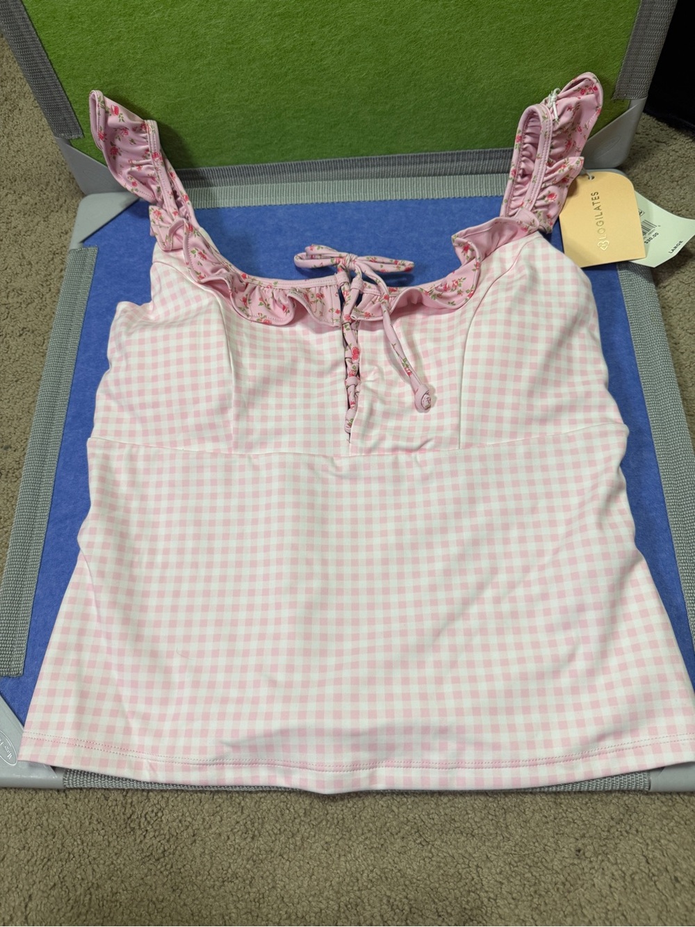 Pink Gingham Ruffle Tie-Front Tank